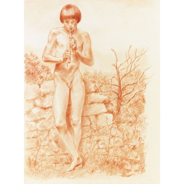 Adolescent garçon nu debout jouan de la flute, paysage