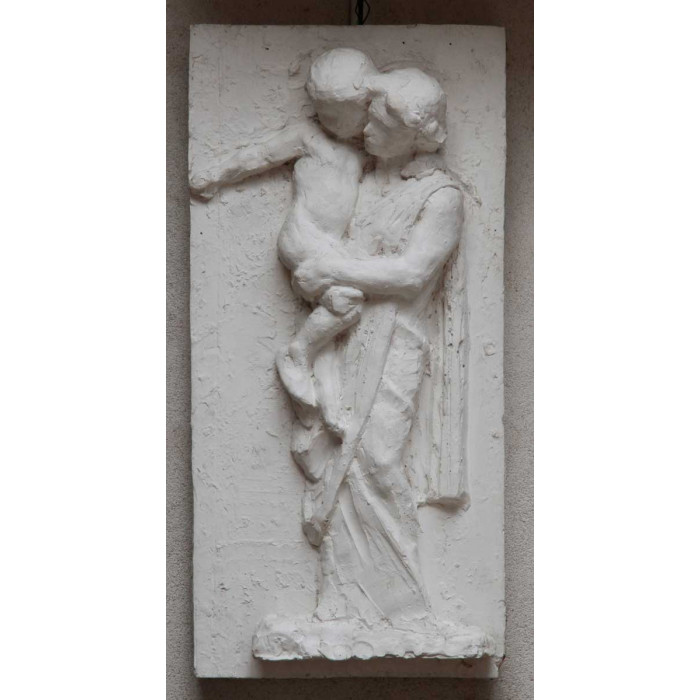 Sarcophage : Verts pâturages : étude de femme drapée portant un enfant : plâtre