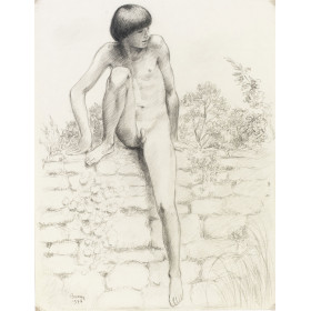 Jeune garçon assis sur un mur