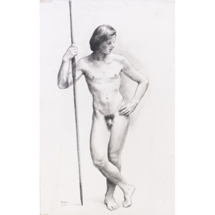 Homme nu de face tenant un javelot
