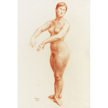 Femme nu debout trois-quart face dansant