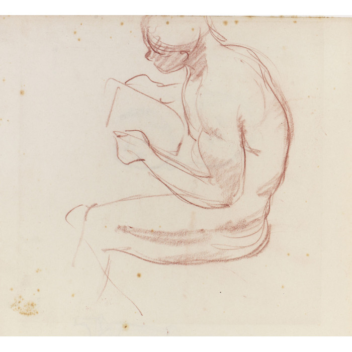 Homme nu assis de profil lisant