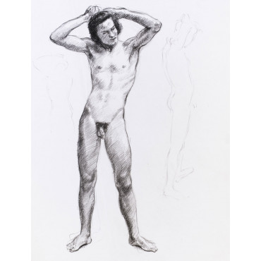 Homme nu debout de face se coiffant & deux esquisses hommes nus profils