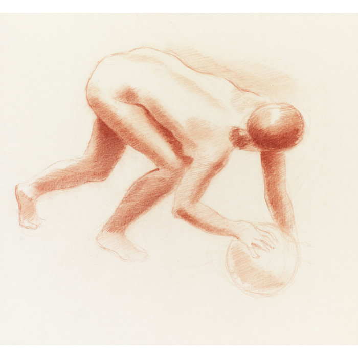 Femme nue penchée en avant jouant au ballon