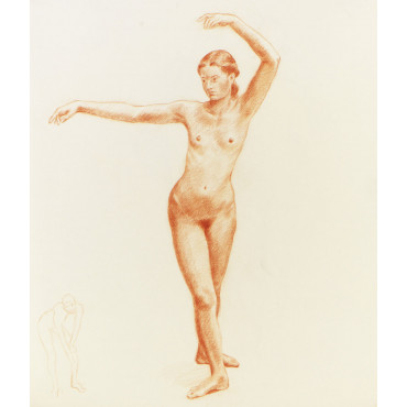 Femme nue debout de face dansant & esquisse adulte debout s'essuyant