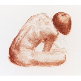 Femme nue assise trois-quart dos se tenant le pied