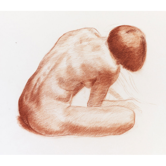 Femme nue assise trois-quart dos se tenant le pied