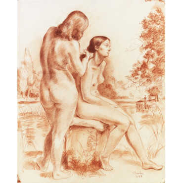 Femme nu debout de dos coiffant une femme nu de profil assise & paysage