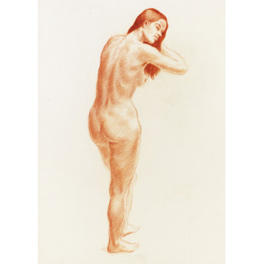 Femme nue debout trois-quart dos se coiffant