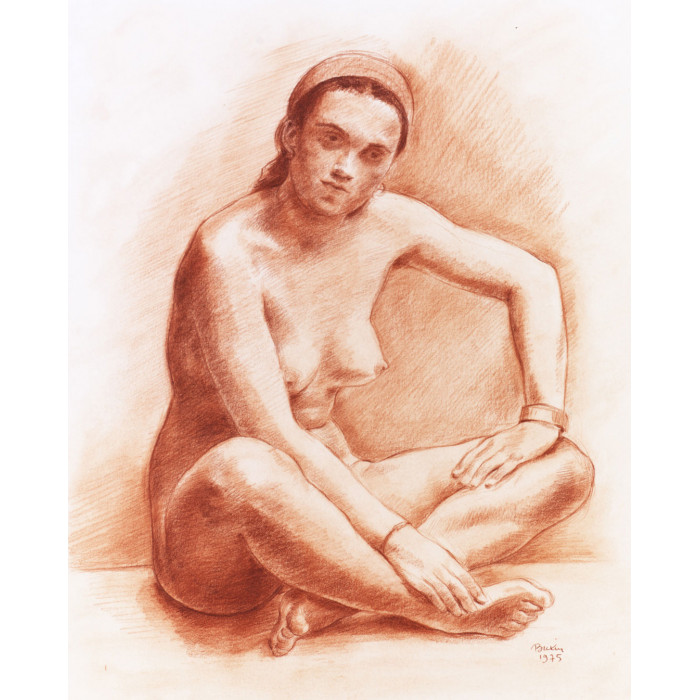 Femme nue assise jambes croisées