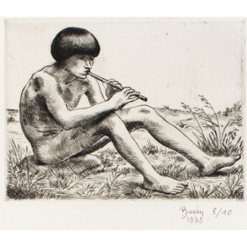 Adolescent garçon nu assis jouant de la flute & paysage