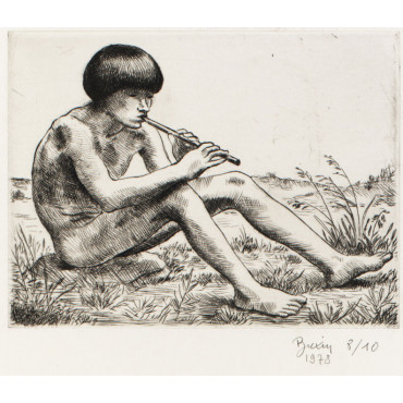 Adolescent garçon nu assis jouant de la flute & paysage