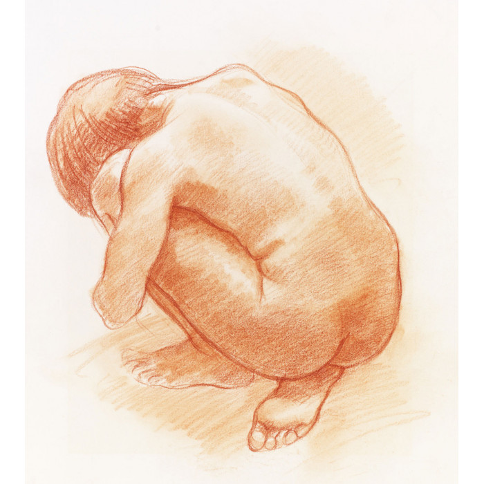 Femme nue recroquevillée trois-quart dos