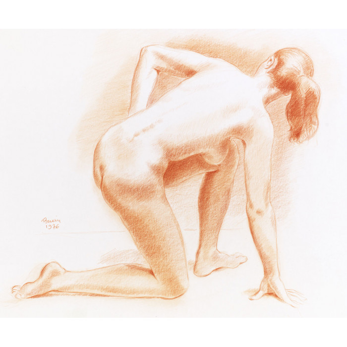 Femme nue agenouillée trois-quart dos