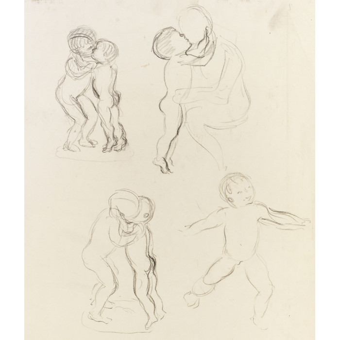 Deux couples d'enfants nus s'embrassant, un enfant nu debout & enfant nu embrassant un adulte