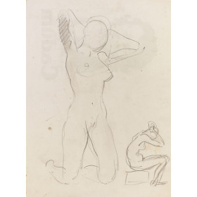 Femme nue agenouillée levant les bras & femme nue assise levant les bras