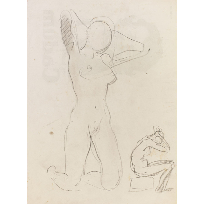 Femme nue agenouillée levant les bras & femme nue assise levant les bras