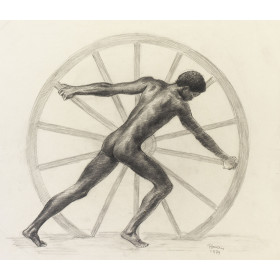 Homme nu debout de dos poussant une roue