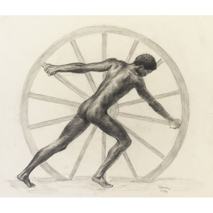 Homme nu debout de dos poussant une roue