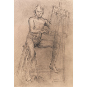 Auto-portait, homme nu assis dessinant devant un chevalet