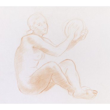 Femme nue assise jouant du tambourin