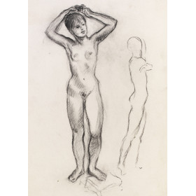 Femme nue debout de face se coiffant