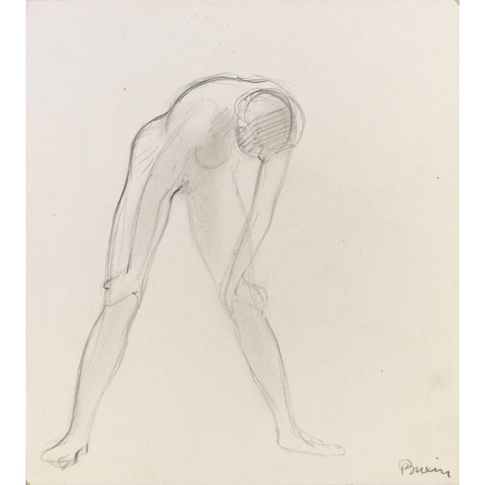 Femme nue debout de face penchée en avant