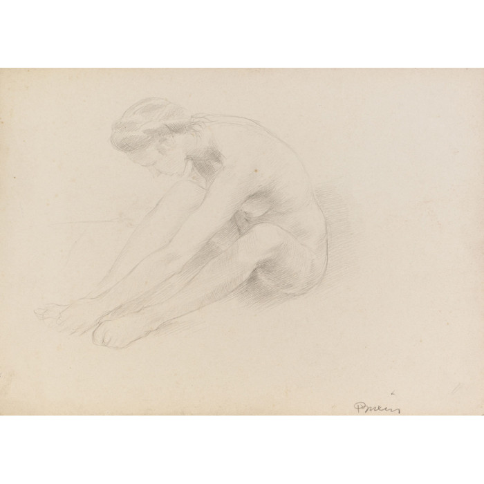 Femme nue assise se prenant le pied