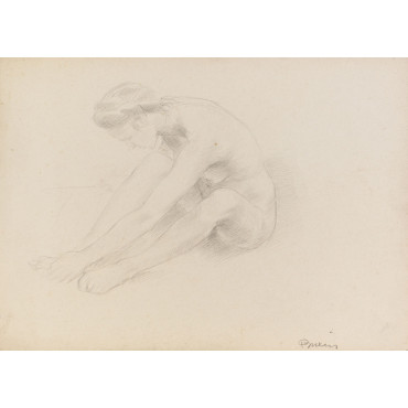 Femme nue assise se prenant le pied