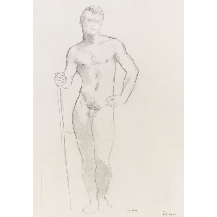 Homme nu debout tenant un baton