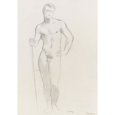 Homme nu debout tenant un baton