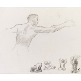 Homme nu de dos tendant le bras & quatre enfants nus