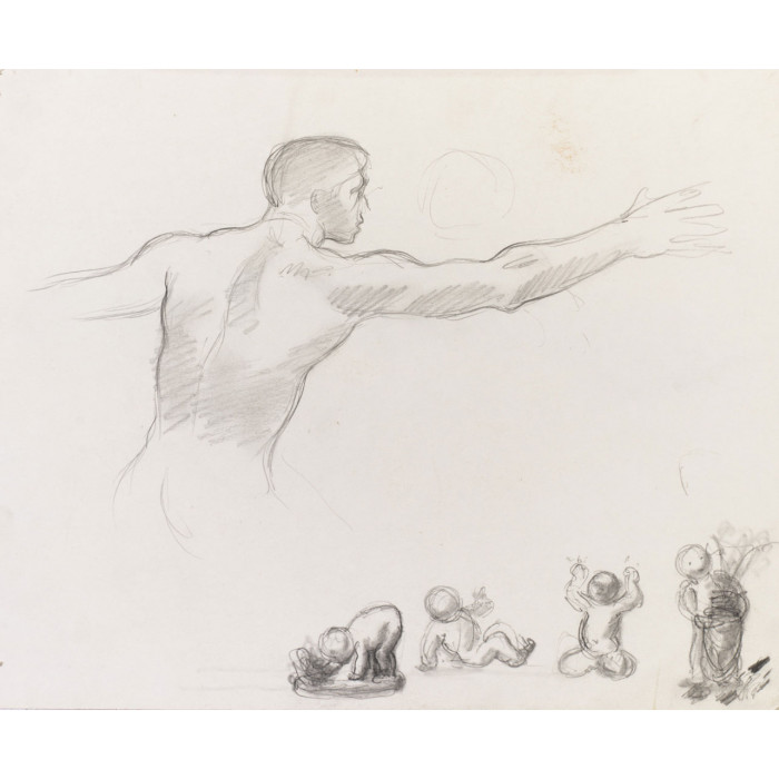 Homme nu de dos tendant le bras & quatre enfants nus