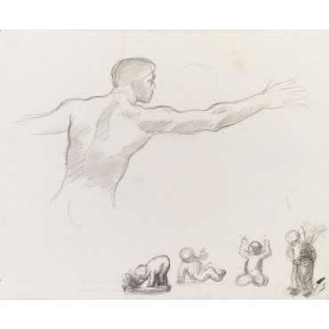 Homme nu de dos tendant le bras & quatre enfants nus