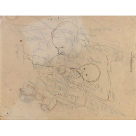 Femme assise lisant et donnant le biberon à un enfant