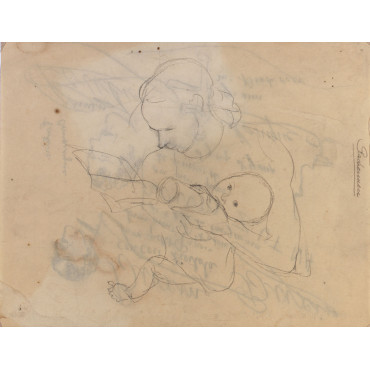 Femme assise lisant et donnant le biberon à un enfant