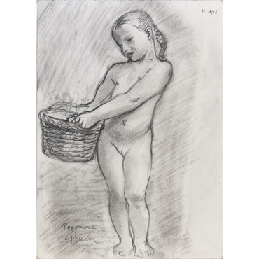 Enfant fille nue debout portant un panier