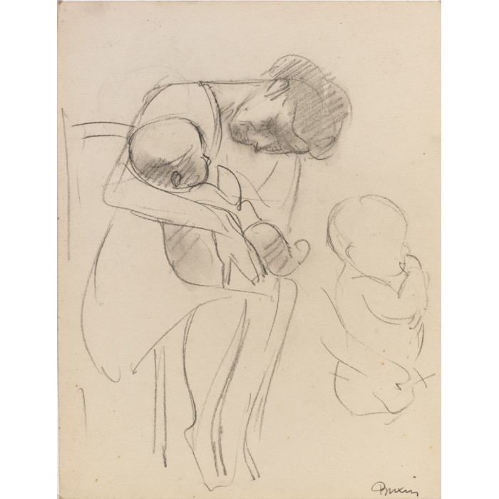 Femme assise tenant un enfant sur ses genoux & esquisse enfantt