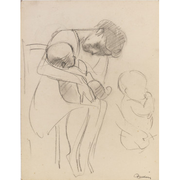 Femme assise tenant un enfant sur ses genoux & esquisse enfantt