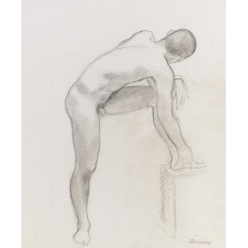 Homme nu trois-quart dos se tenant le pied