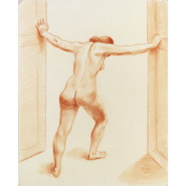 Femme nue de dos poussant des portes