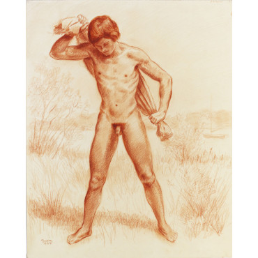 Adolescent garçon nu de face s'essuyant, paysage étang