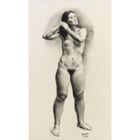 Femme nue debout de face se peignant