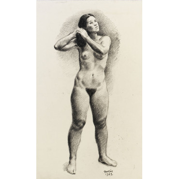 Femme nue debout de face se peignant