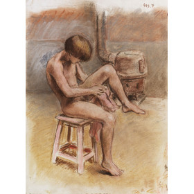 Adolescent garçon s'essuyant, assis sur un tabouret, dans l'atelier