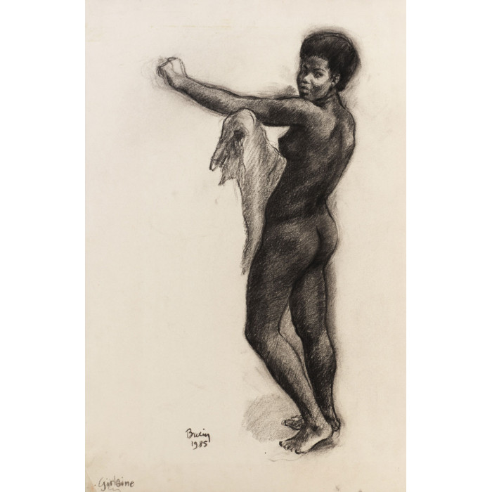Femme noire nue trois-quart dos s'essuyant
