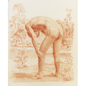 Homme nu, trois-quart dos, paysage