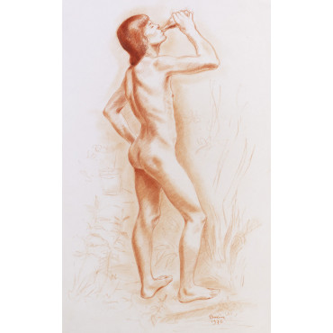 Adolescent garçon nue de profil buvant un Perrier, paysage