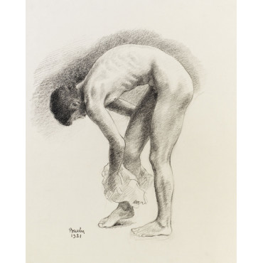 Homme nu de profil s'essuyant