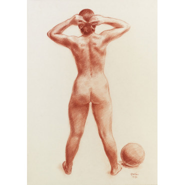 Femme nue debout de dos, plus balle